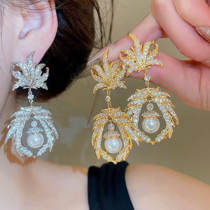 Copper Zircon Round Maple Leaf Pendant Drop Earrings, Elegant Luxury Style For Women