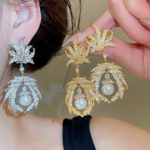 Copper Zircon Round Maple Leaf Pendant Drop Earrings, Elegant Luxury Style For Women