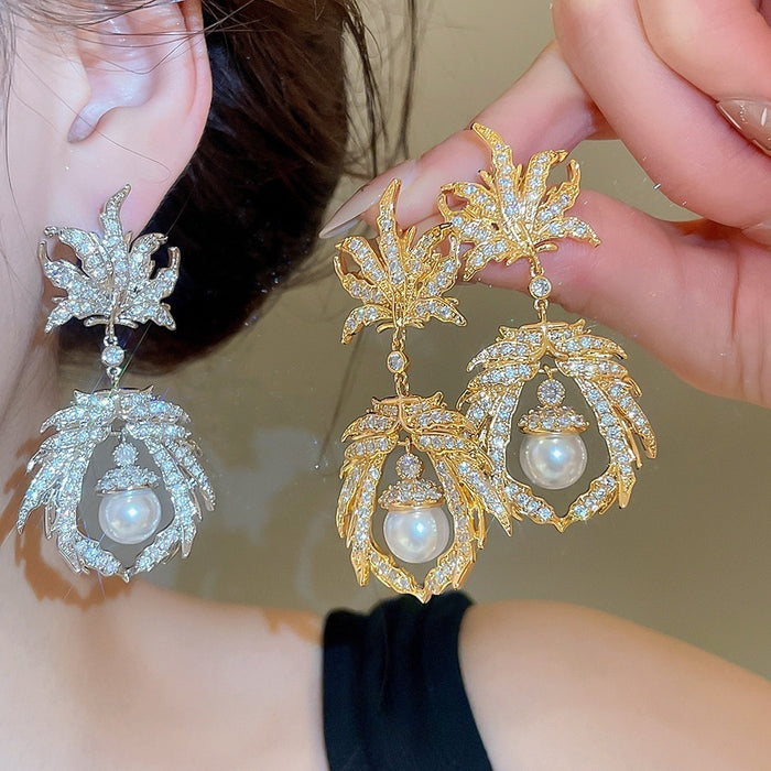 Copper Zircon Round Maple Leaf Pendant Drop Earrings, Elegant Luxury Style For Women