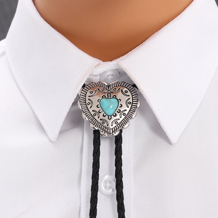 Simple Creative Heart Turquoise Bolo Tie Adjustable Unisex Western Cowboy Cord Necklace