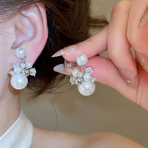 Korean Style Zircon Faux Pearl Geometric Round Clip-on Earrings For Women Light Luxury