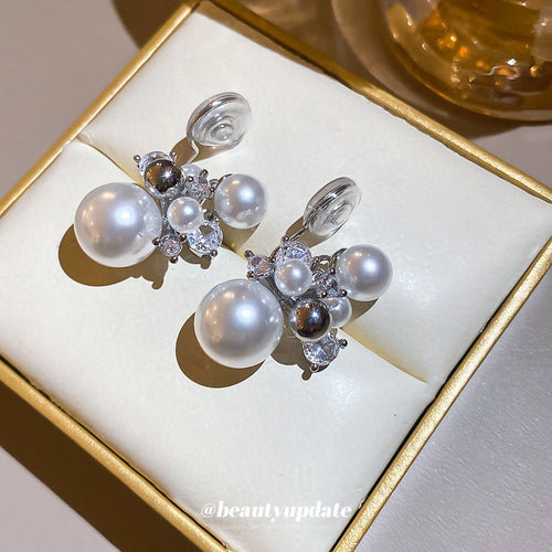 Korean Style Zircon Faux Pearl Geometric Round Clip-on Earrings For Women Light Luxury