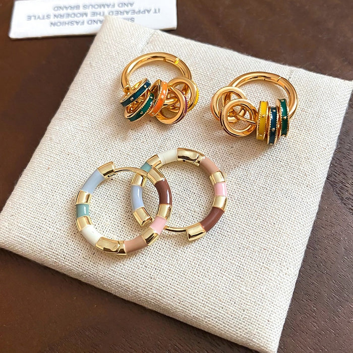14K Gold Plated Copper Enamel Circle Pendant Drop Earrings For Women Elegant OL Style