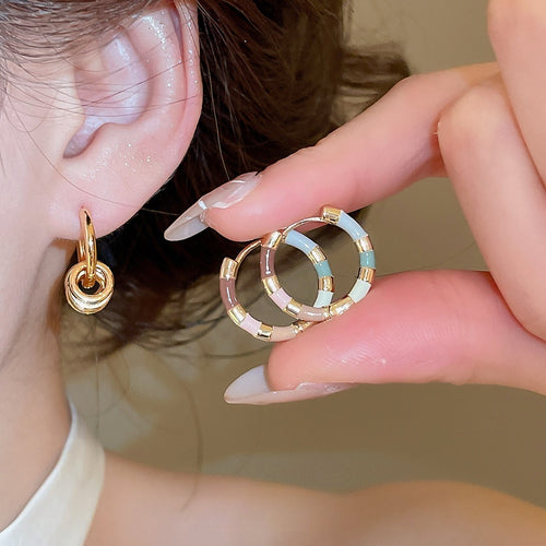 14K Gold Plated Copper Enamel Circle Pendant Drop Earrings For Women Elegant OL Style