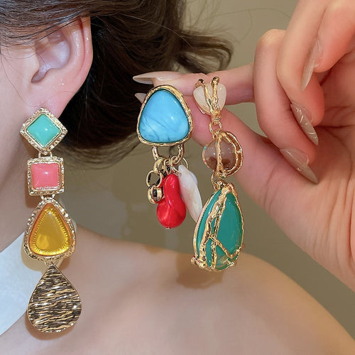 Bohemian Resin Shell Irregular Triangle Stud Earrings Vintage Ethnic Geometric Women's Jewelry
