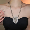 Vintage Old Money Alloy Oval Zircon Pearl Sweater Necklace, Geometric Statement Collarbone Chain view 1