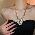 Vintage Old Money Alloy Oval Zircon Pearl Sweater Necklace, Geometric Statement Collarbone Chain view 3