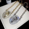 Vintage Old Money Alloy Oval Zircon Pearl Sweater Necklace, Geometric Statement Collarbone Chain view 4