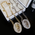 Vintage Old Money Alloy Oval Zircon Pearl Sweater Necklace, Geometric Statement Collarbone Chain view 2