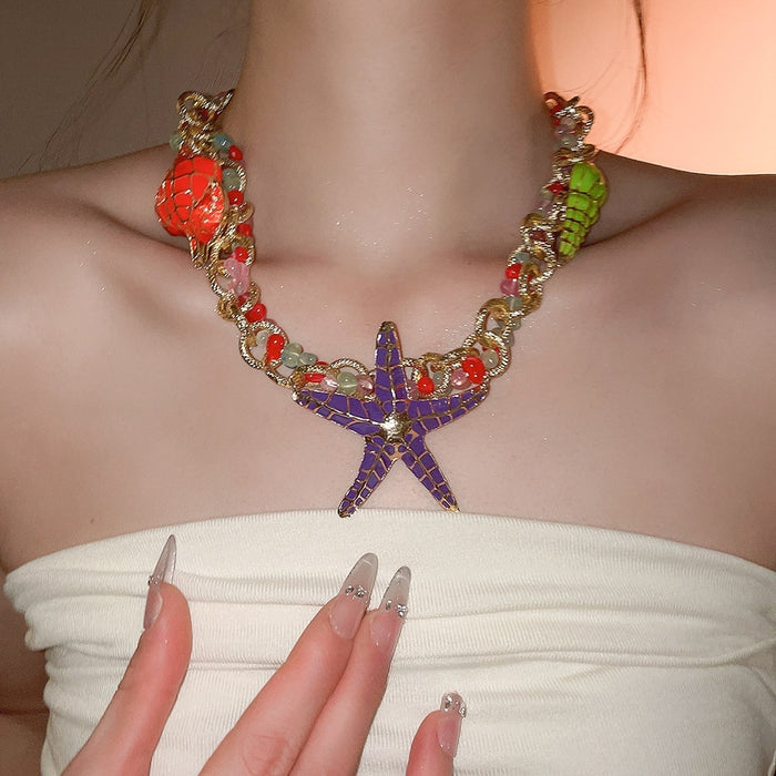 Old Money Style Alloy Acrylic Beaded Enamel Starfish Choker Necklace For Women