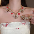 Vintage Alloy Rhinestone Enamel Ladybug Jewelry Set With Necklace And Stud Earrings view 1