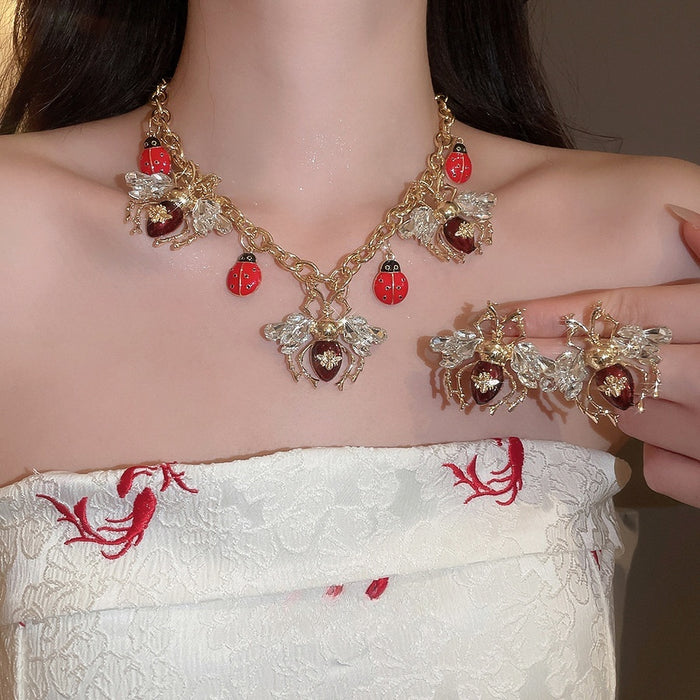 Vintage Alloy Rhinestone Enamel Ladybug Jewelry Set With Necklace And Stud Earrings