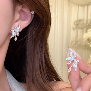 Blue Floral Copper Stud Earrings For Women Sweet Fairy Style Delicate Fashion Jewelry