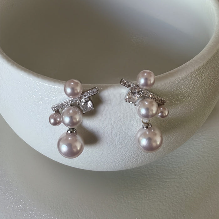 French Elegant Geometric Round Faux Pearl Zircon Silver Needle Stud Earrings