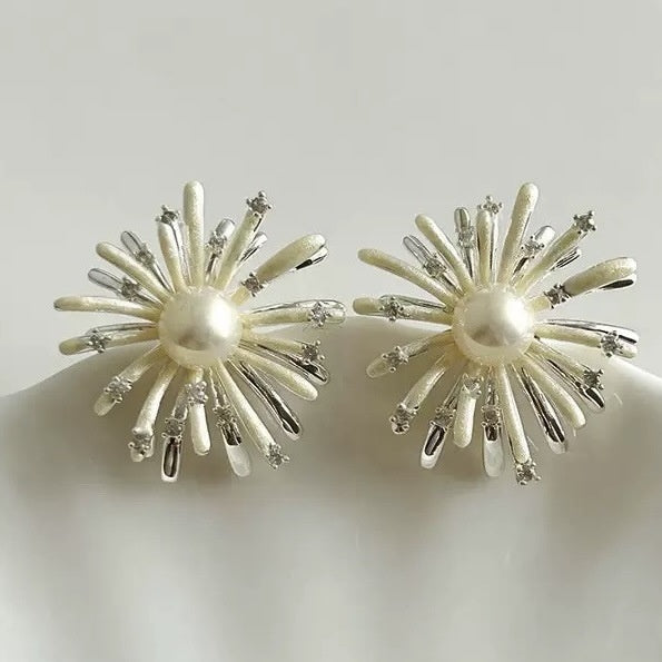 Fresh Style Copper Flower Firework Pearl Stud Earrings For Women Sweet Light Luxury Jewelry