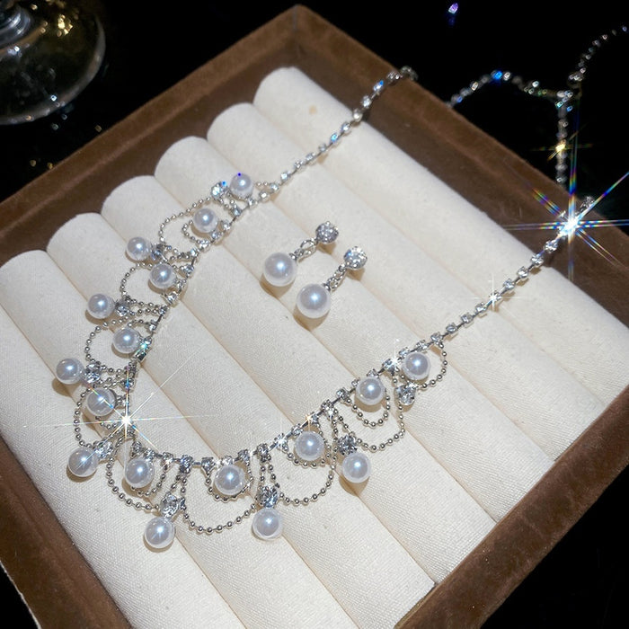 French Lace Faux Pearl Necklace And Stud Earrings Jewelry Set Light Luxury Vintage Evening Dress Accessories