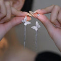 Korean Light Luxury Copper Zircon Butterfly Asymmetric Tassel Drop Earrings For Women view 3