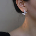 Korean Light Luxury Copper Zircon Butterfly Asymmetric Tassel Drop Earrings For Women view 4