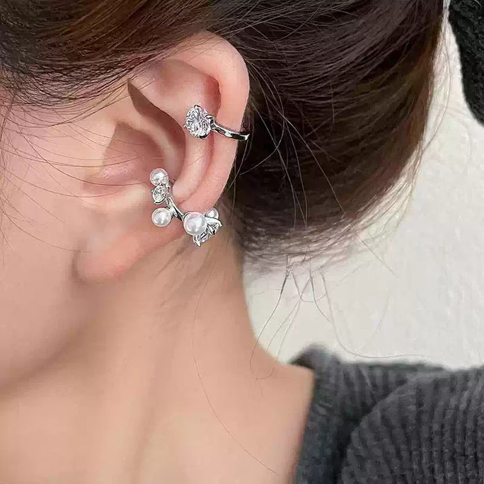 Korean Elegant Asymmetric Zircon Faux Pearl Clip-on Earrings Geometric Round Ear Cuffs