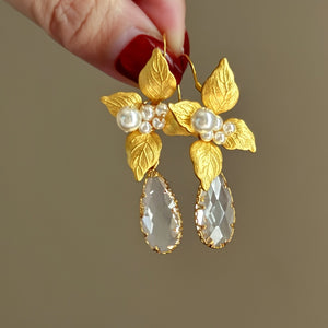 Vintage Alloy Floral Leaf Crystal Pearl Hook Earrings Forest Style Fashion Jewelry