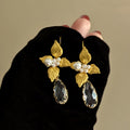 Vintage Alloy Floral Leaf Crystal Pearl Hook Earrings Forest Style Fashion Jewelry view 3