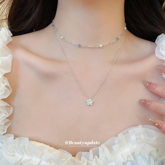 Double Layer Copper Zircon Star Beaded Flower Necklace Old Money Style Clavicle Choker