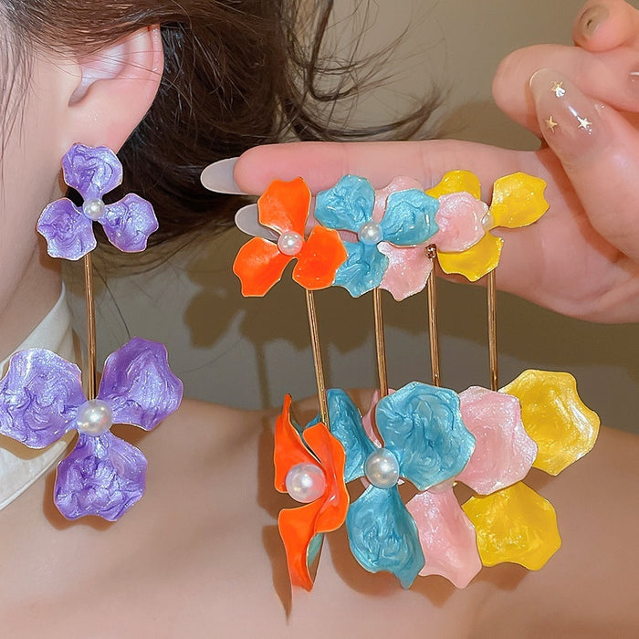 Bohemian Enamel Flower Pearl Stud Earrings Iron Vacation Style Fashion Floral Jewelry