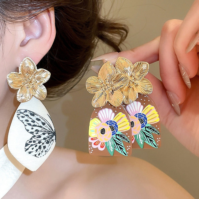 Vintage Ethnic Style Acetate Flower Wing Pendant Drop Earrings With Artistic Wood Print