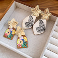 Vintage Ethnic Style Acetate Flower Wing Pendant Drop Earrings With Artistic Wood Print view 4