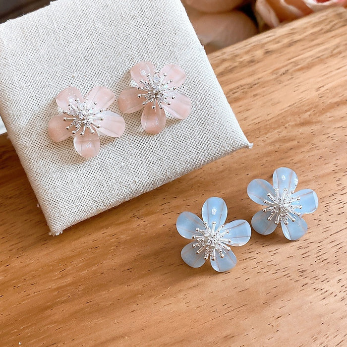 2026 Sweet Fresh Zircon Flower Stud Earrings With Silver Needle Delicate Floral Jewelry