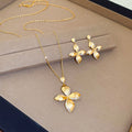 18K Gold Plated Copper Zircon Flower Stud Earrings And Necklace Jewelry Set Old Money Style view 2