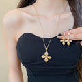 18K Gold Plated Copper Zircon Flower Stud Earrings And Necklace Jewelry Set Old Money Style view 1