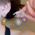 Light Luxury Copper Zircon Flower Round Pendant Drop Earrings With Silver Needle view 2