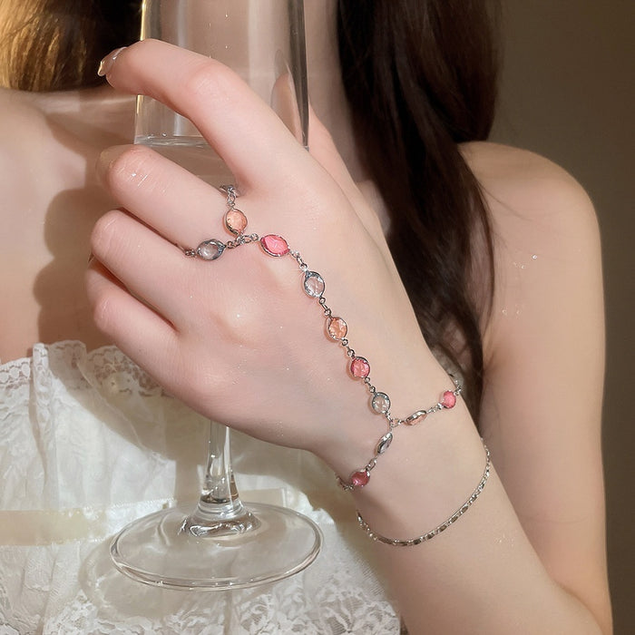 Korean Sweet Style Resin Spliced Beaded Bracelet Ring With Oval Geometric Dopamine Design