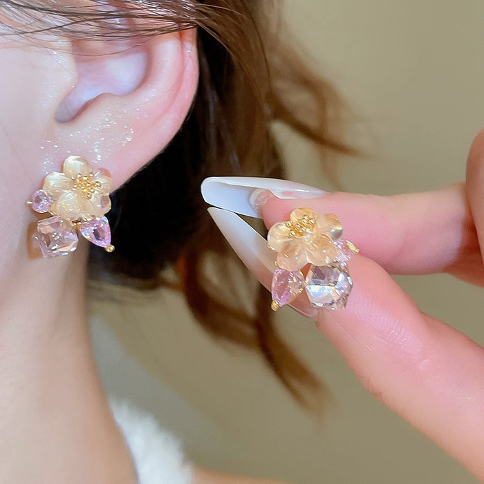 Monet Garden Dopamine Crystal Flower Copper Stud Earrings Cute Fresh Light Luxury Jewelry