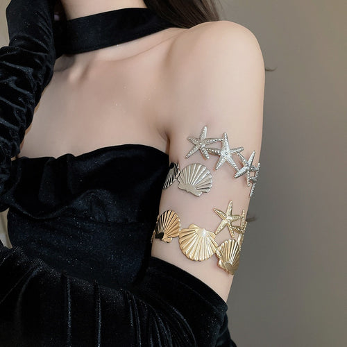 Iron Starfish Shell Splice Arm Bangle For Women, European Style Fashion Beach Jewelry