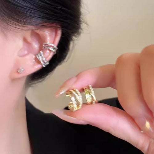 Sparkling Zircon Triple Layer Cross C-Shaped Clip-on Earrings Minimalist Fashion Ear Cuffs