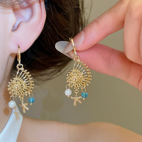 Alloy Crystal Conch Starfish Pearl Drop Earrings Ocean Vacation Style Ear Cuff Jewelry
