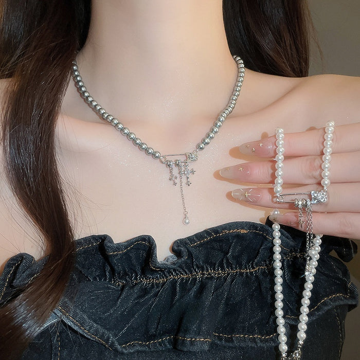 Old Money Faux Pearl Necklace With Sparkling Zircon Geometric Starburst Pendant French Style