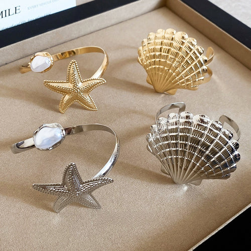 European American Alloy Starfish Shell Open Cuff Bangle Fashion Metal Arm Bracelet