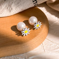 Elegant Silver Needle Daisy Studs With Enamel Petals And Pearl Drop Light Luxury Women's Fashion Earrings view 2