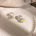 Elegant Silver Needle Daisy Studs With Enamel Petals And Pearl Drop Light Luxury Women's Fashion Earrings view 4