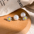 Elegant Silver Needle Daisy Studs With Enamel Petals And Pearl Drop Light Luxury Women's Fashion Earrings view 3