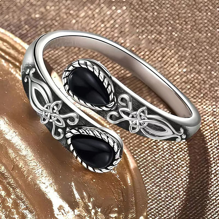Vintage Dark Style Open Ring For Women With Water Drop Faux Black Turquoise, Spring Jewelry