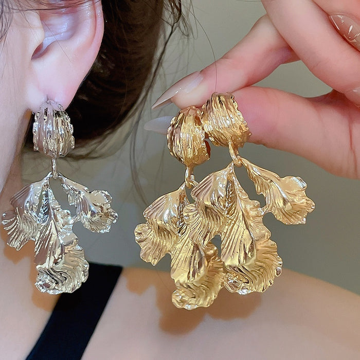 European Style Metal Leaf Stud Earrings With Silver Pins, Minimalist Statement Jewelry For Women