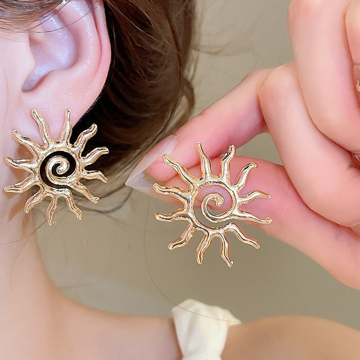 European American Alloy Sun Hollow Geometric Stud Earrings, Niche Statement Versatile Jewelry