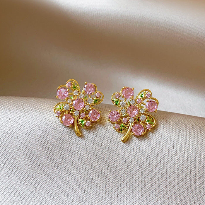 Light Luxury Copper Zircon Flower Stud Earrings Sweet Sparkling Spring Summer Floral Jewelry