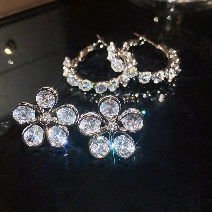 Korean Style Copper Hoop Earrings With Silver Posts Sparkling Zircon Round Flower Design