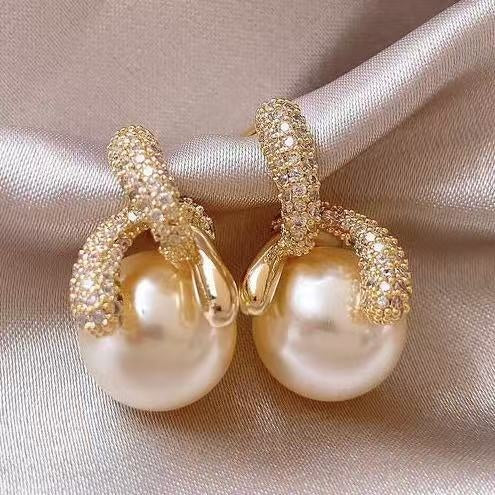 18K Gold Plated Silver Post Zircon Faux Pearl Geometric Round Stud Earrings For Women