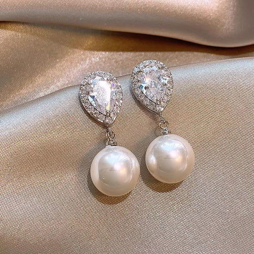 Elegant Water Drop Zircon Faux Pearl Dangle Earrings, Simple Classic Everyday Jewelry